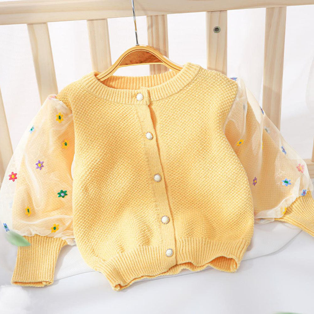 Yellow Floral Puff Style Stylish Warmer Cardigan & Christmas Sweater for toddlers & Kids