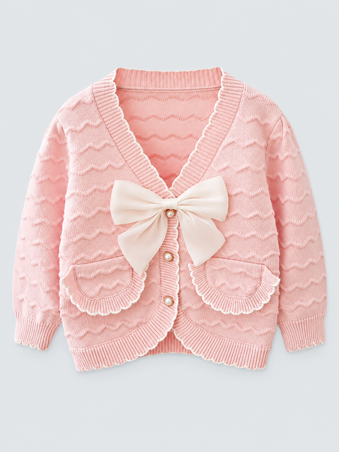 Pink Ruffled Cardigan with Big White Bow Winter Warmer Sweater for Toddlers & Kids