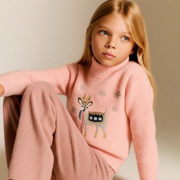 سترة دافئة مزينة برسومات الرنة باللون الوردي وسترة عيد الميلاد للأطفال الصغار والأطفال