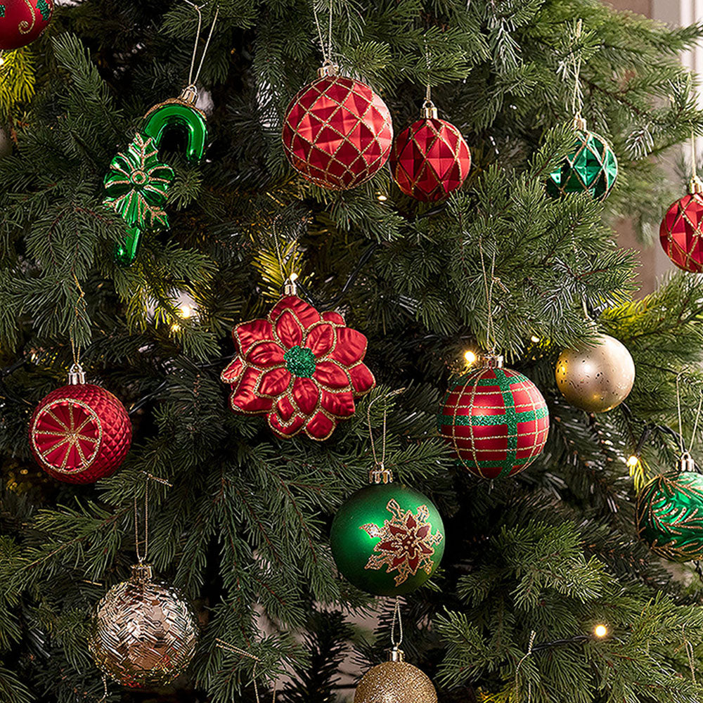 108 pcs classic Red Green &  Gold Poinsettia themed Christmas Balls tree hanging, Xmas Decoration set.