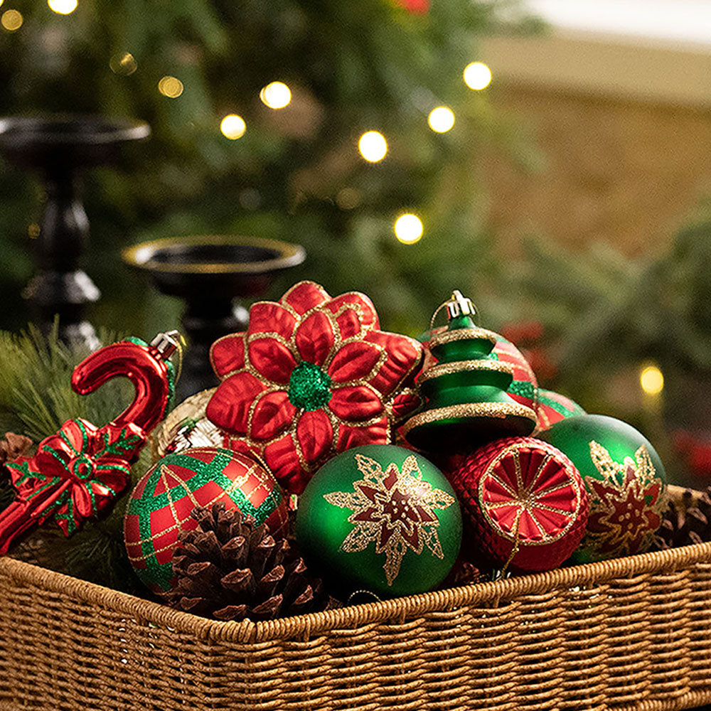 108 pcs classic Red Green &  Gold Poinsettia themed Christmas Balls tree hanging, Xmas Decoration set.