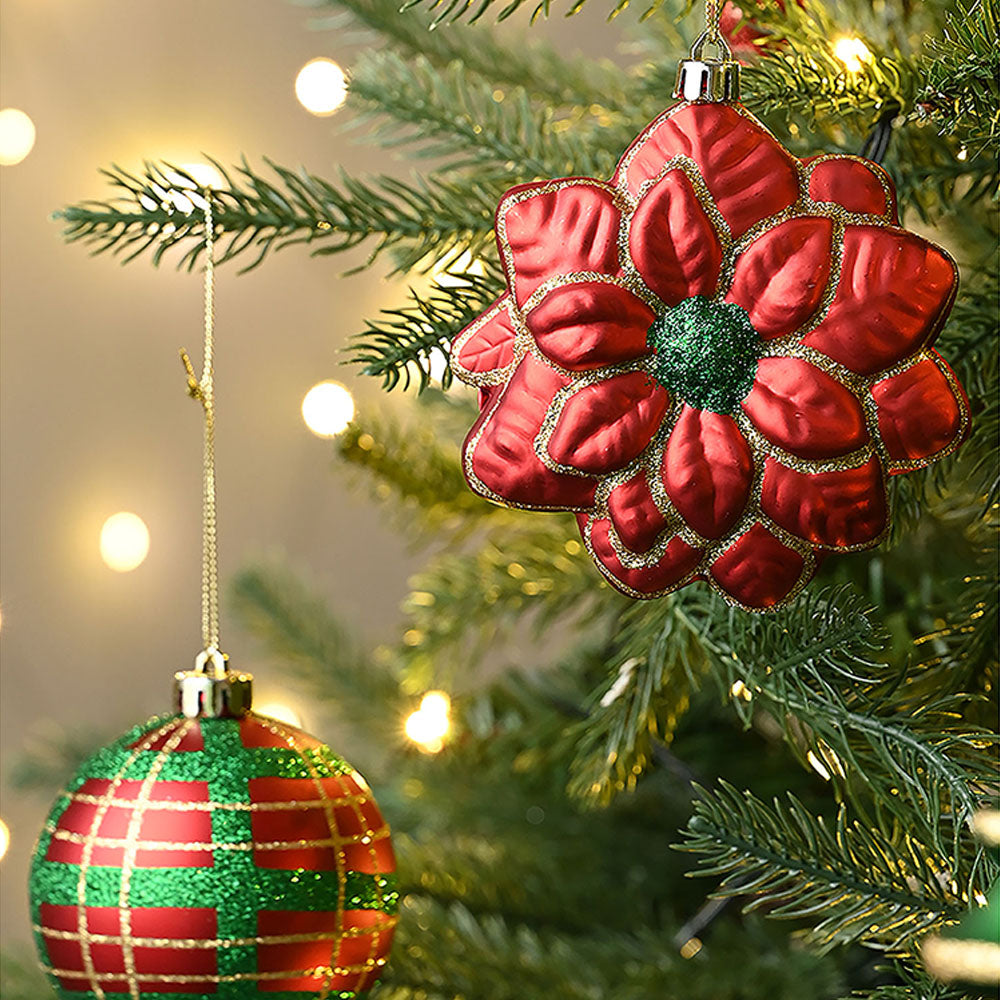 108 pcs classic Red Green &  Gold Poinsettia themed Christmas Balls tree hanging, Xmas Decoration set.