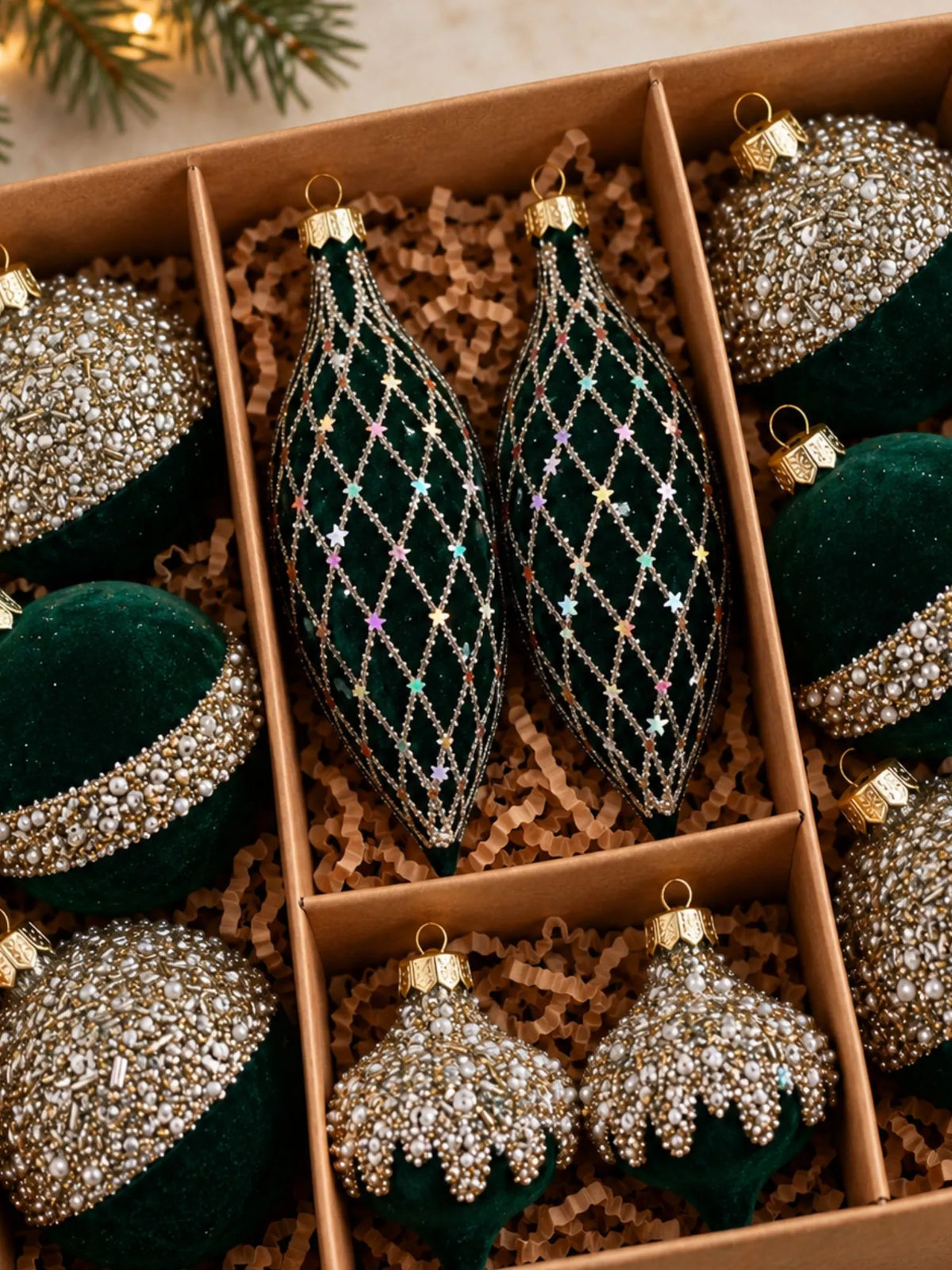 10 pcs Emerlad Velvet & Gold Crystals Christmas Tree Big size Ornaments, Decoration Balls Set