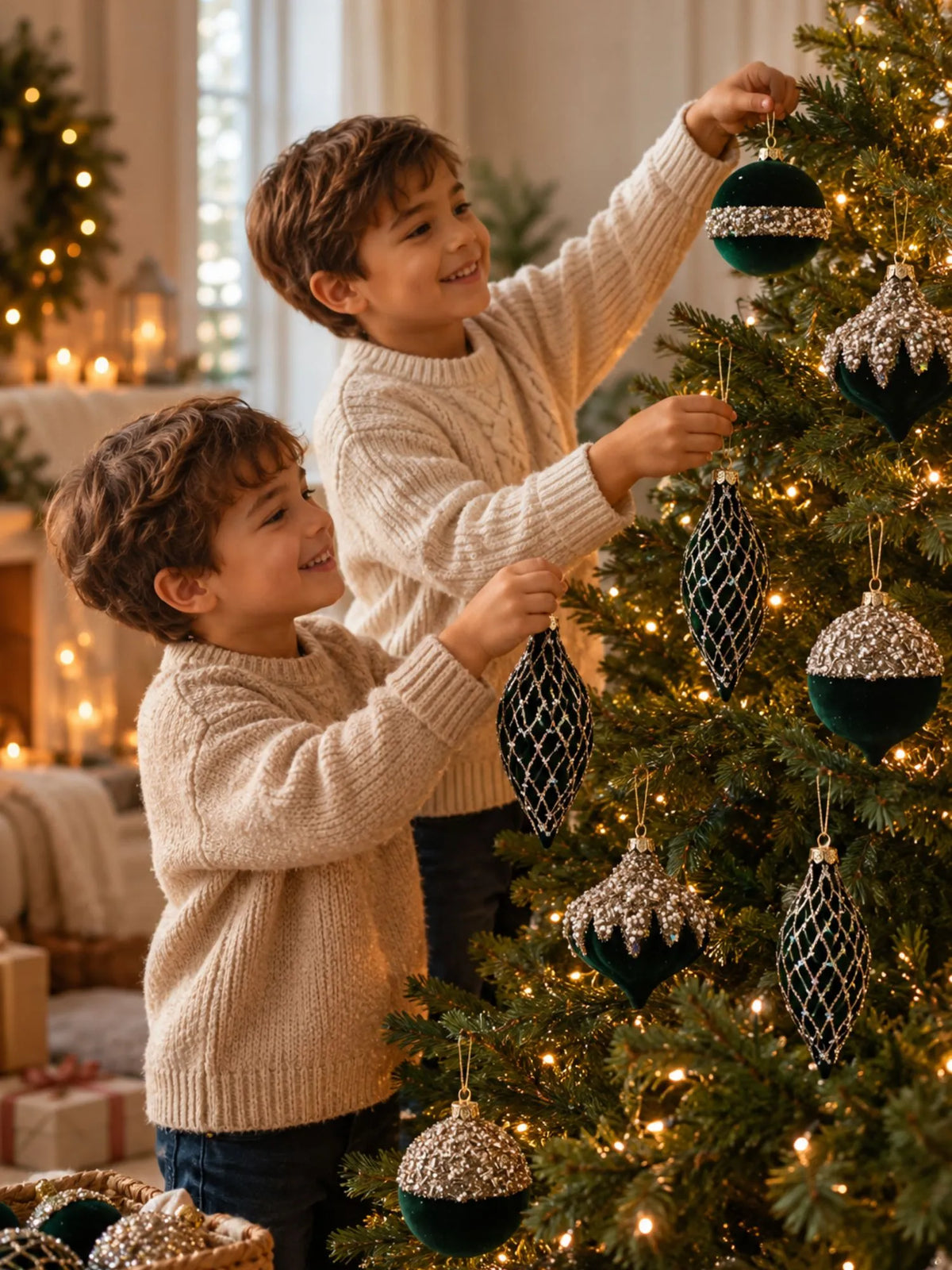 10 pcs Emerlad Velvet & Gold Crystals Christmas Tree Big size Ornaments, Decoration Balls Set