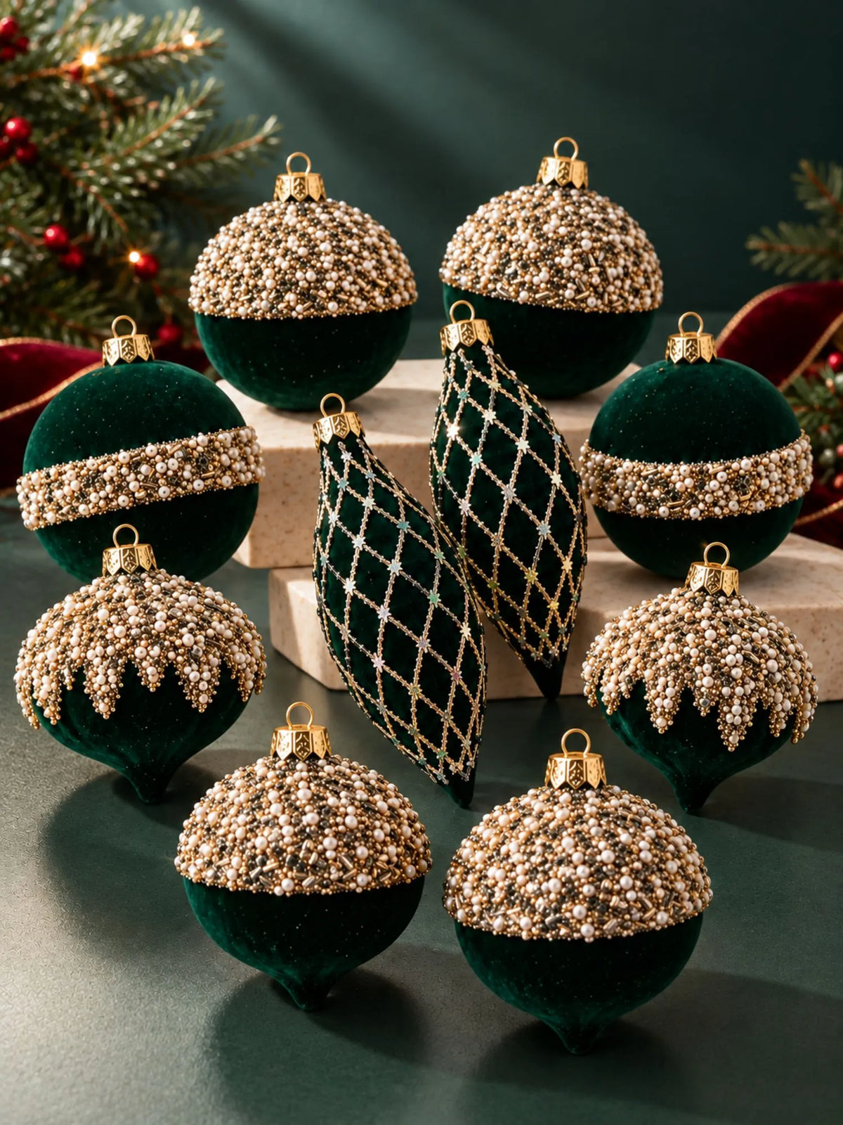 10 pcs Emerlad Velvet & Gold Crystals Christmas Tree Big size Ornaments, Decoration Balls Set