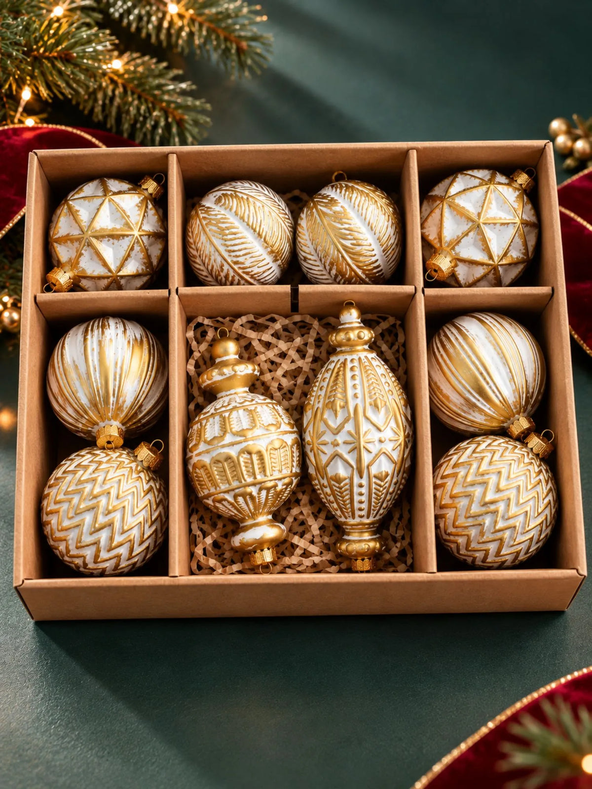 10 pcs Ivory & Gold Self Print Big Size Christmas Tree Ornaments big size Decoration Luxe Balls Set