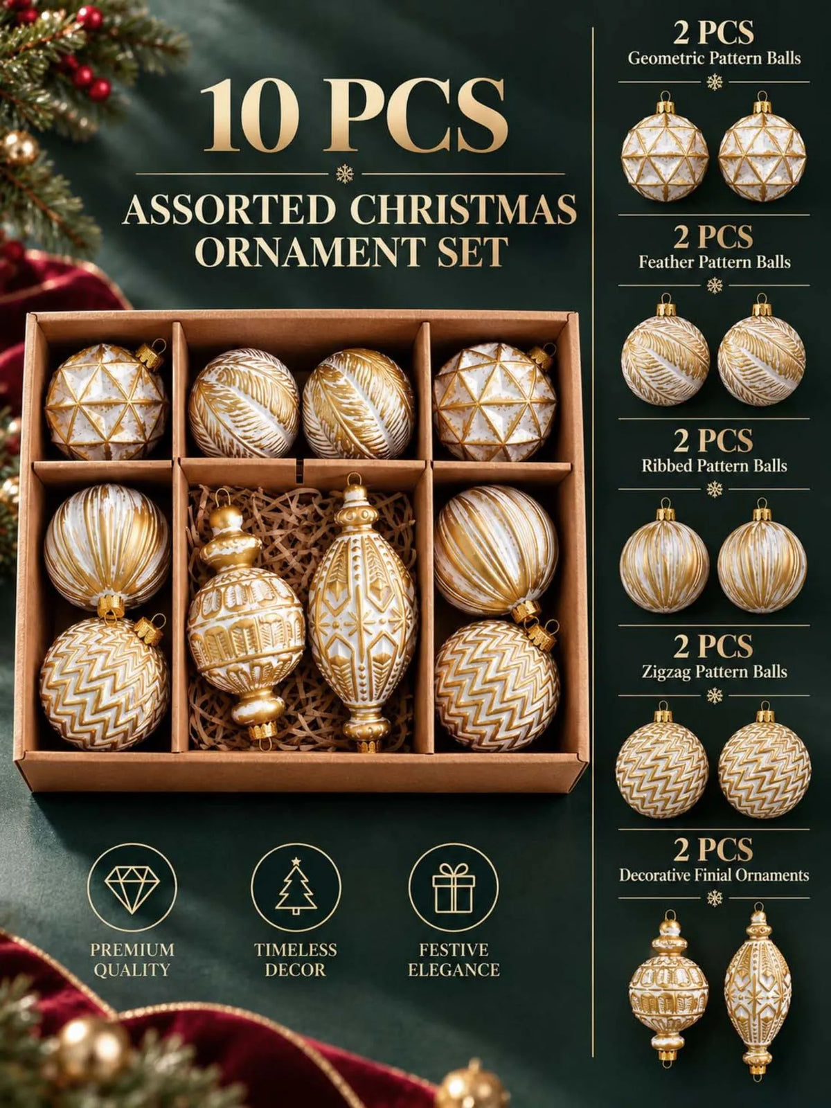 10 pcs Ivory & Gold Self Print Big Size Christmas Tree Ornaments big size Decoration Luxe Balls Set