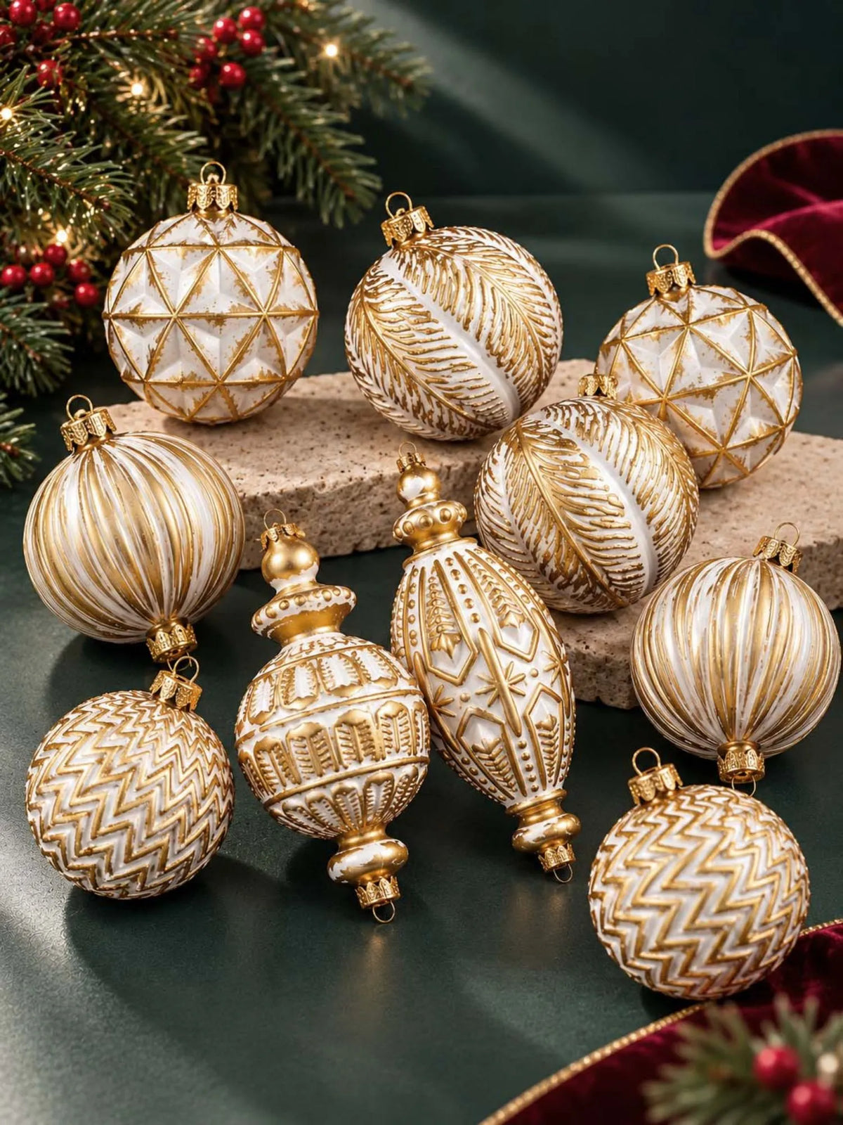 10 pcs Ivory & Gold Self Print Big Size Christmas Tree Ornaments big size Decoration Luxe Balls Set