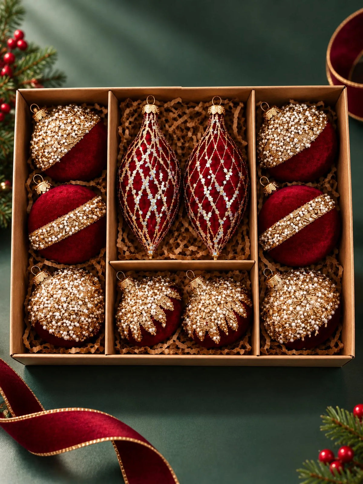 10 pcs Wine Velvet & Gold Crystals Christmas Tree Big Size Ornaments, Decoration Balls Set