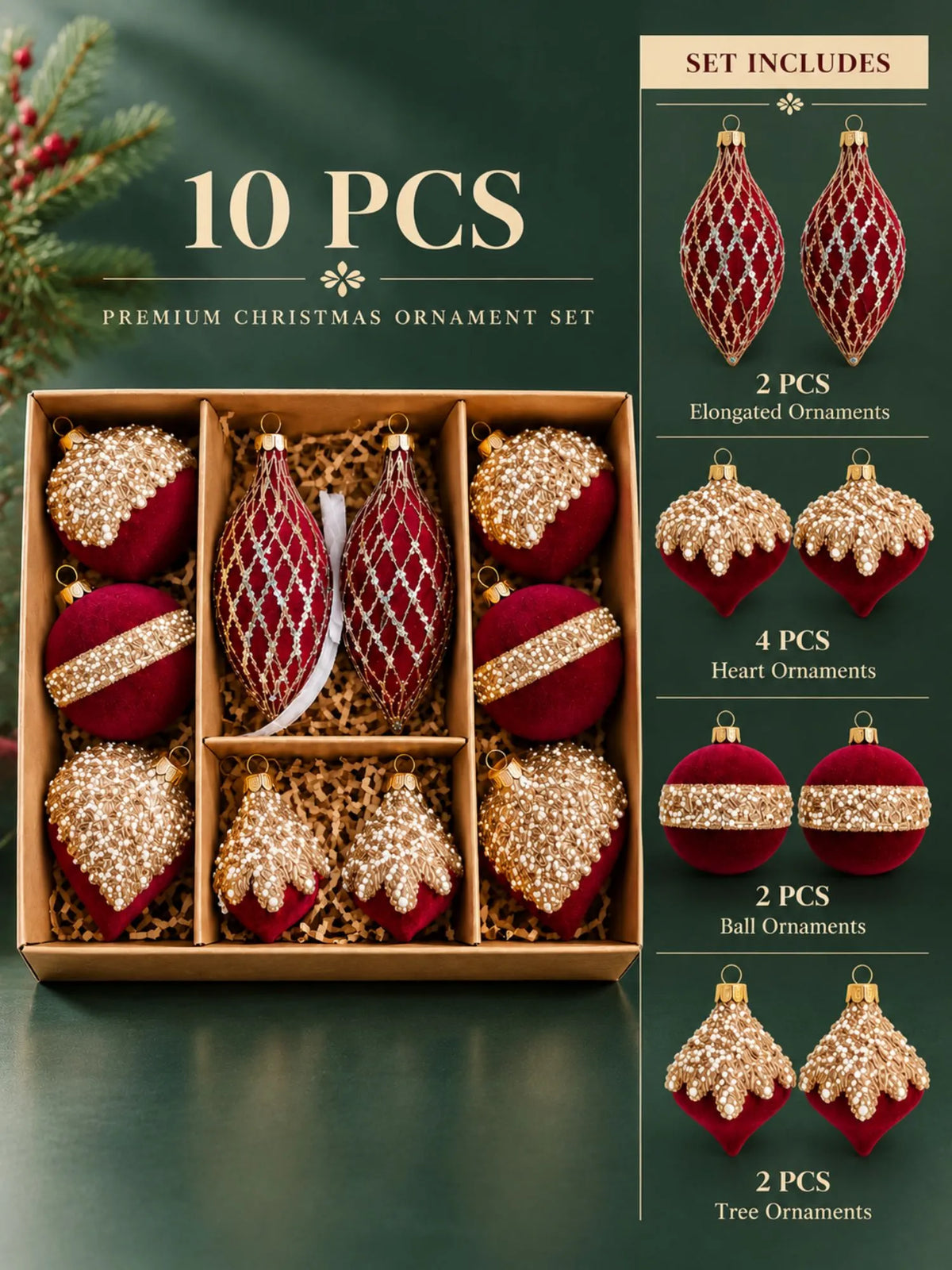 10 pcs Wine Velvet & Gold Crystals Christmas Tree Big Size Ornaments, Decoration Balls Set