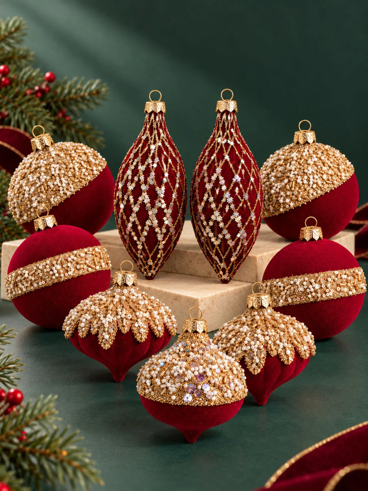 10 pcs Wine Velvet & Gold Crystals Christmas Tree Big Size Ornaments, Decoration Balls Set