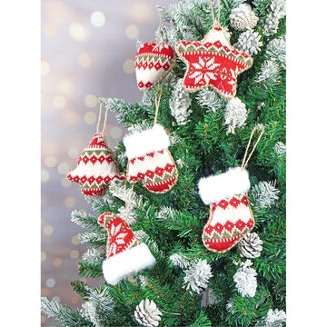 6 pcs Red Knitted Snowflakes themed Christmas Tree Ornaments