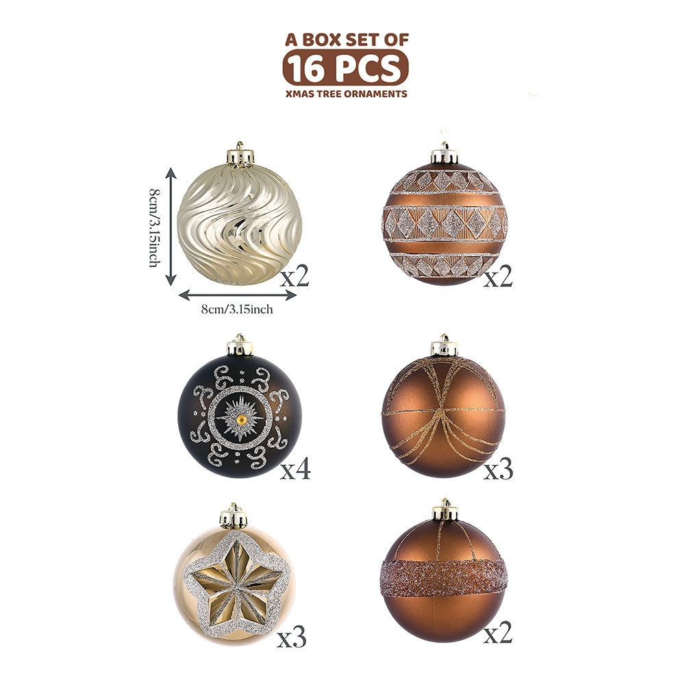 16 pcs Brown & Gold swirls & Stripes themed Christmas Balls Tree hanging Ornaments Xmas Decoration set