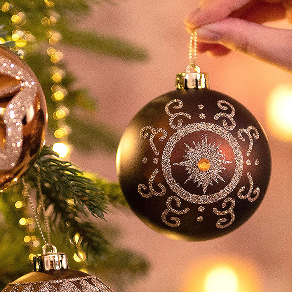 16 pcs Brown & Gold swirls & Stripes themed Christmas Balls Tree hanging Ornaments Xmas Decoration set