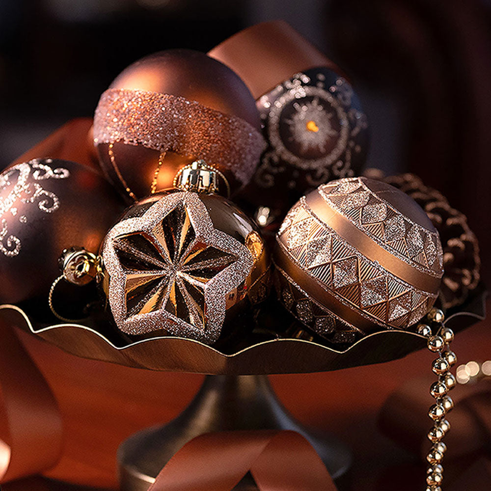 16 pcs Brown & Gold swirls & Stripes themed Christmas Balls Tree hanging Ornaments Xmas Decoration set