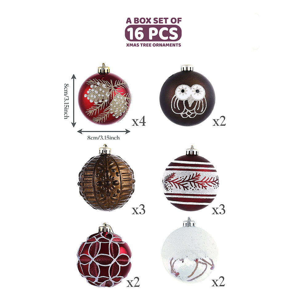 16 pcs Maroon & Brown Woodland Owl themed Christmas Balls Tree hanging Ornaments Xmas Decoration set