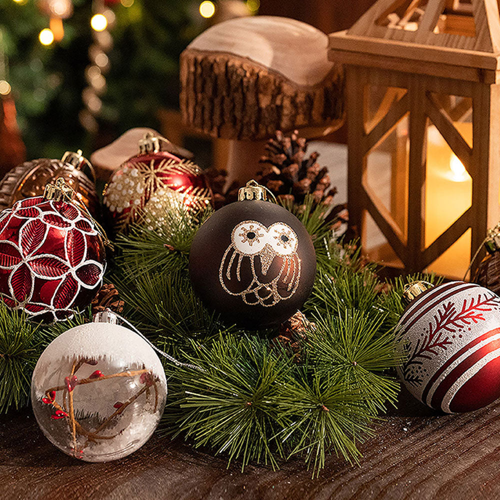 16 pcs Maroon & Brown Woodland Owl themed Christmas Balls Tree hanging Ornaments Xmas Decoration set