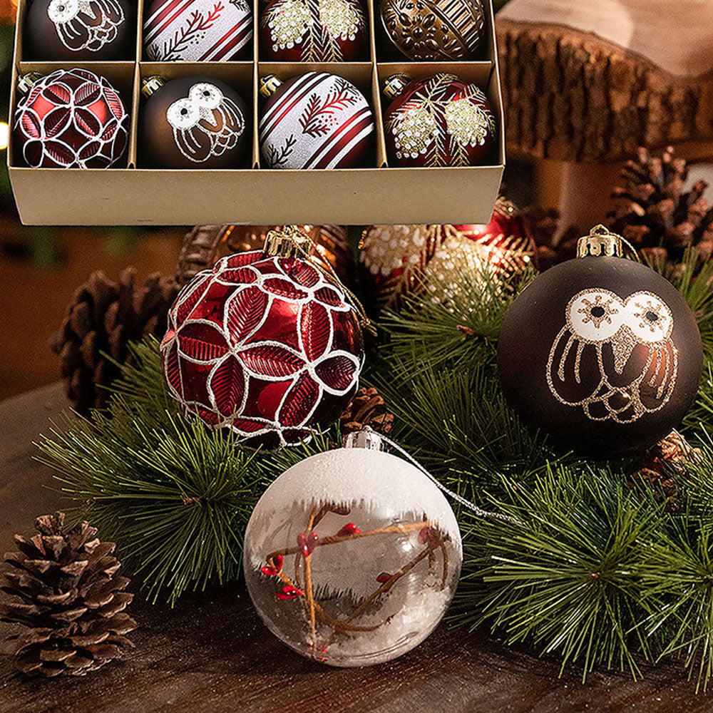 16 pcs Maroon & Brown Woodland Owl themed Christmas Balls Tree hanging Ornaments Xmas Decoration set
