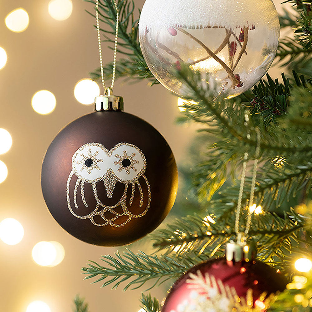 16 pcs Maroon & Brown Woodland Owl themed Christmas Balls Tree hanging Ornaments Xmas Decoration set