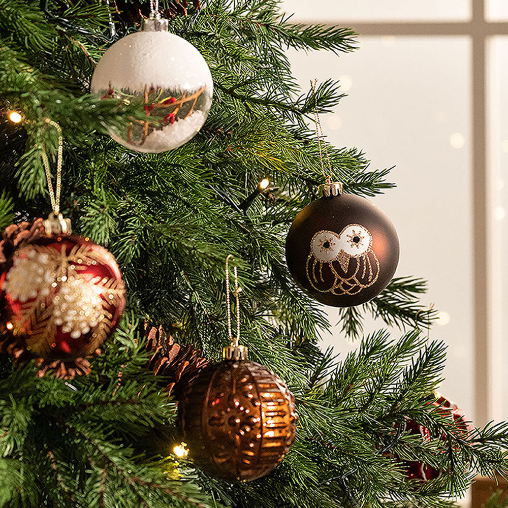 16 pcs Maroon & Brown Woodland Owl themed Christmas Balls Tree hanging Ornaments Xmas Decoration set