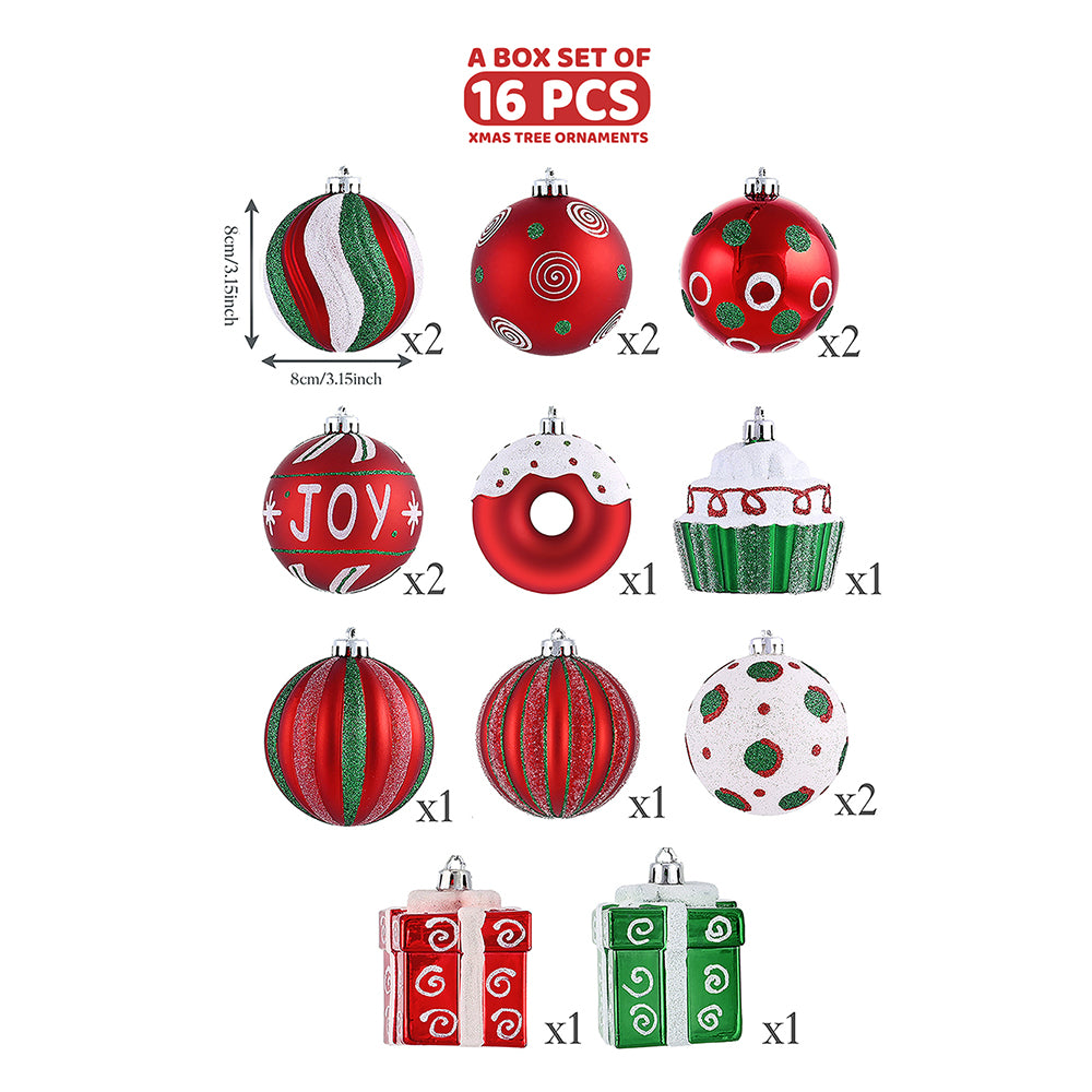 16 pcs Red, Green, White Gift Boxes, Candy Gifts themed Christmas Balls Tree hanging Ornaments Xmas Decoration set