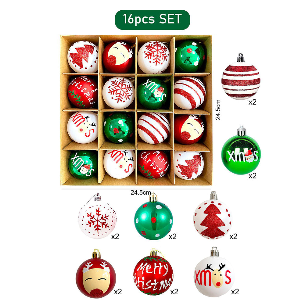16pcs White, Red & Green printed Christmas Tree ornaments XMAS Tree decoration set