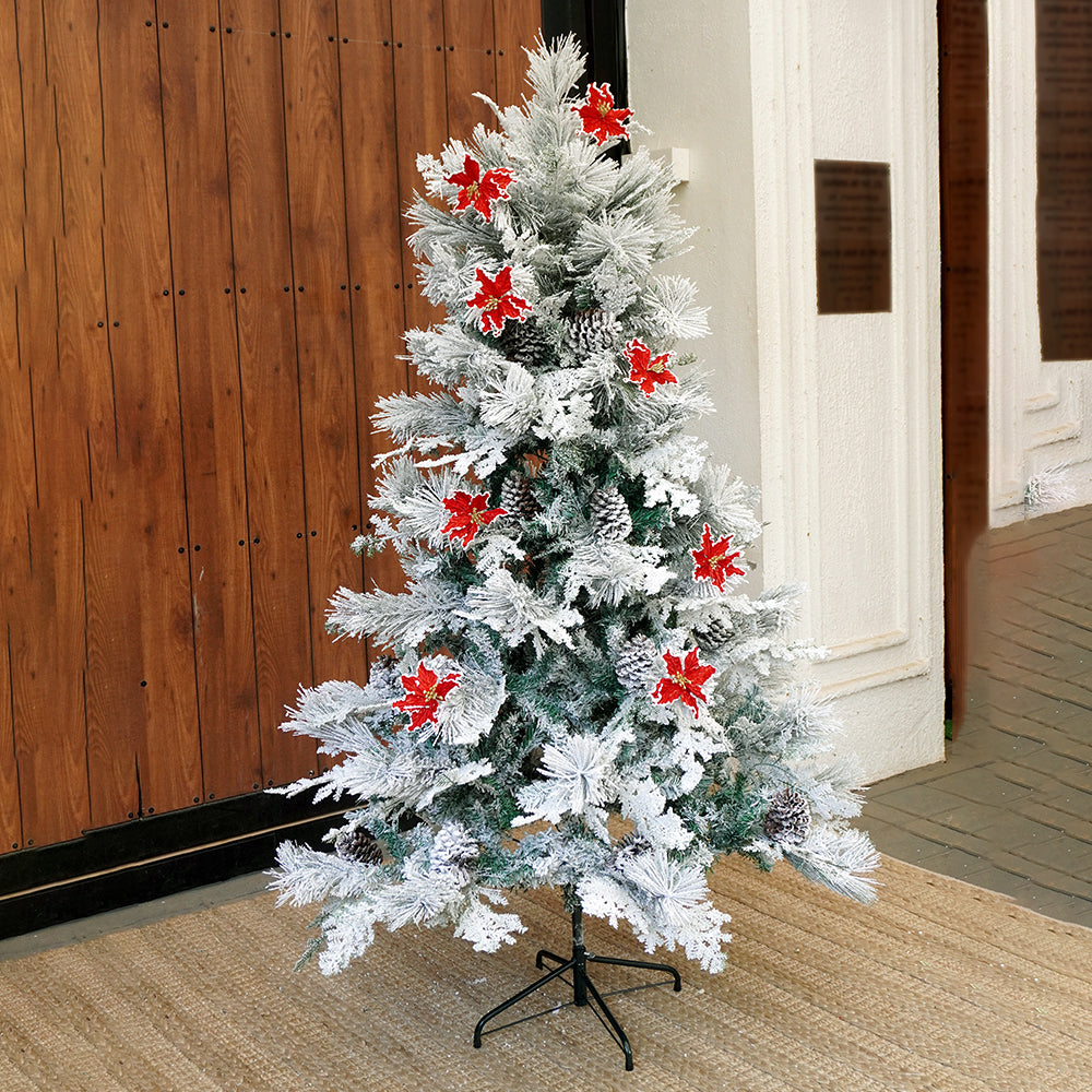 5.9 feet Bushy Long Snowy Leaves Xmas Tree with 8 free Wired Red Poinsetta Flower Tips, 180 cms with 550 Branch Tips ,christmas Tree Décor