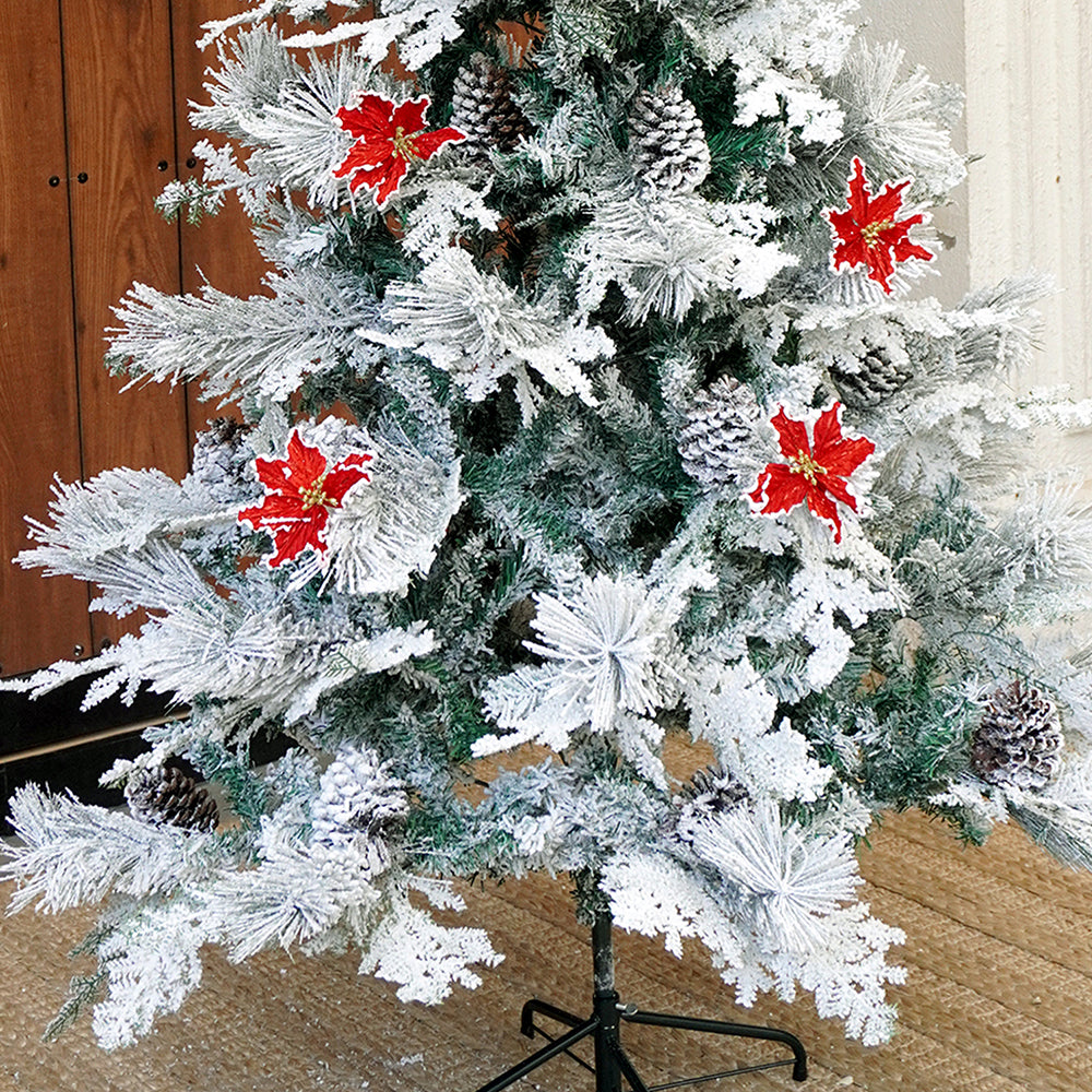 5.9 feet Bushy Long Snowy Leaves Xmas Tree with 8 free Wired Red Poinsetta Flower Tips, 180 cms with 550 Branch Tips ,christmas Tree Décor