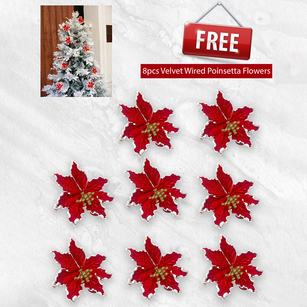 5.9 feet Bushy Long Snowy Leaves Xmas Tree with 8 free Wired Red Poinsetta Flower Tips, 180 cms with 550 Branch Tips ,christmas Tree Décor