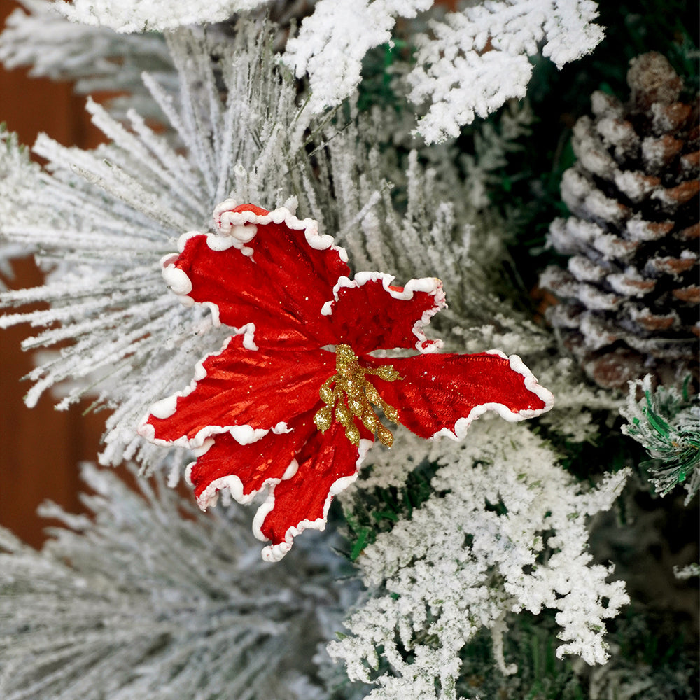 5.9 feet Bushy Long Snowy Leaves Xmas Tree with 8 free Wired Red Poinsetta Flower Tips, 180 cms with 550 Branch Tips ,christmas Tree Décor