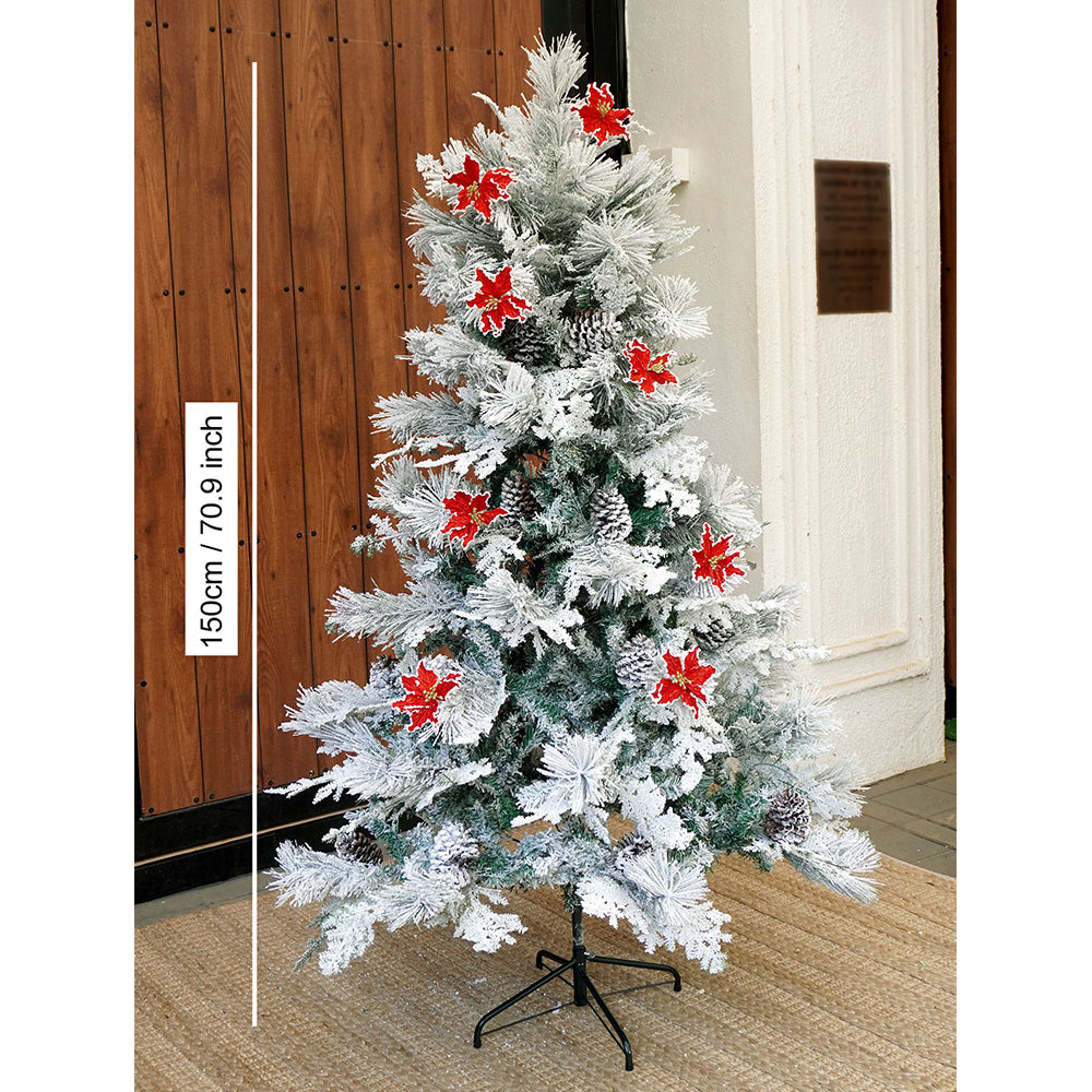 5.9 feet Bushy Long Snowy Leaves Xmas Tree with 8 free Wired Red Poinsetta Flower Tips, 180 cms with 550 Branch Tips ,christmas Tree Décor