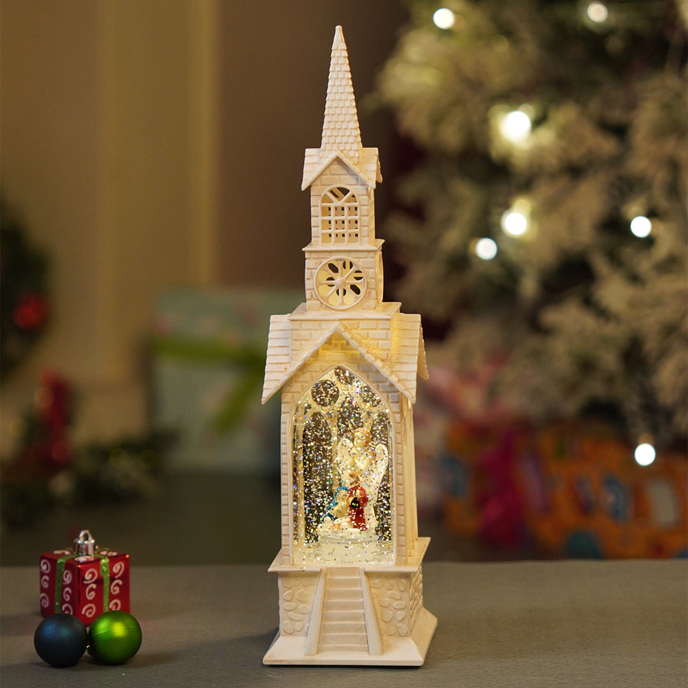 Single Tower Church with Holy Family  Decor with Musical Glitter Water, Rotation &  Light, Christmas Home Décor