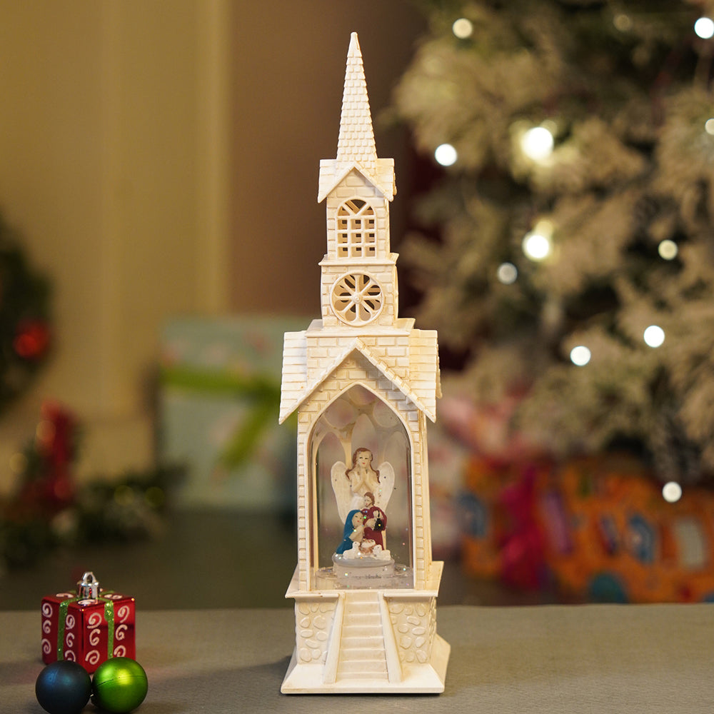 Single Tower Church with Holy Family  Decor with Musical Glitter Water, Rotation &  Light, Christmas Home Décor