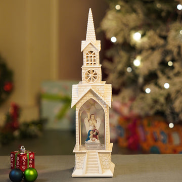 Single Tower Church with Holy Family  Decor with Musical Glitter Water, Rotation &  Light, Christmas Home Décor
