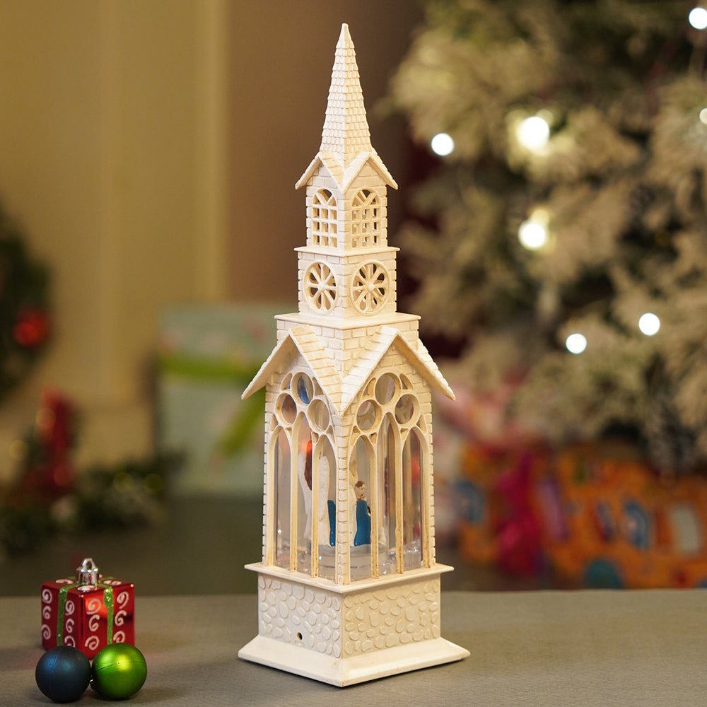 Single Tower Church with Holy Family  Decor with Musical Glitter Water, Rotation &  Light, Christmas Home Décor