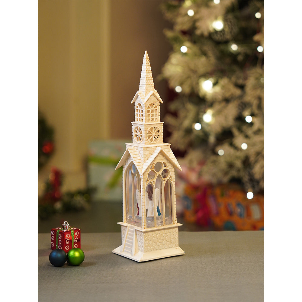 Single Tower Church with Holy Family  Decor with Musical Glitter Water, Rotation &  Light, Christmas Home Décor