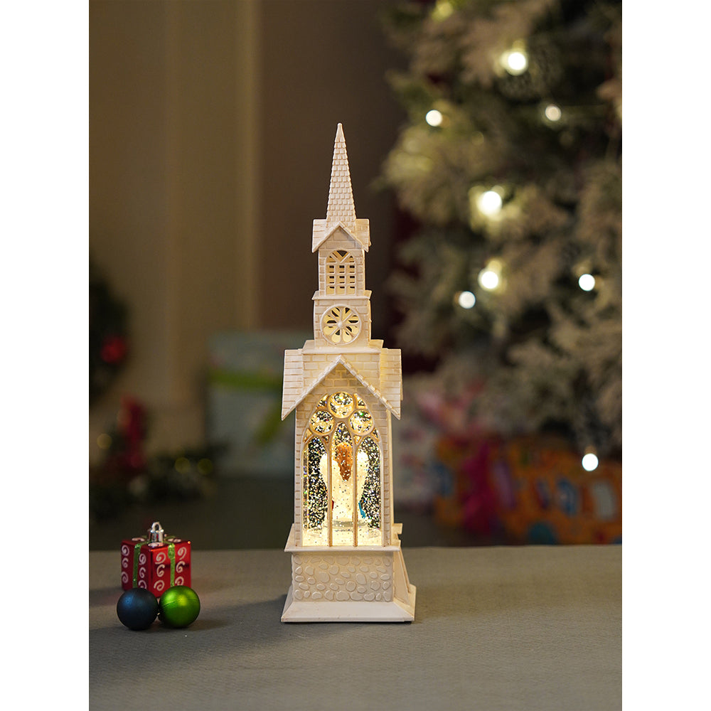 Single Tower Church with Holy Family  Decor with Musical Glitter Water, Rotation &  Light, Christmas Home Décor