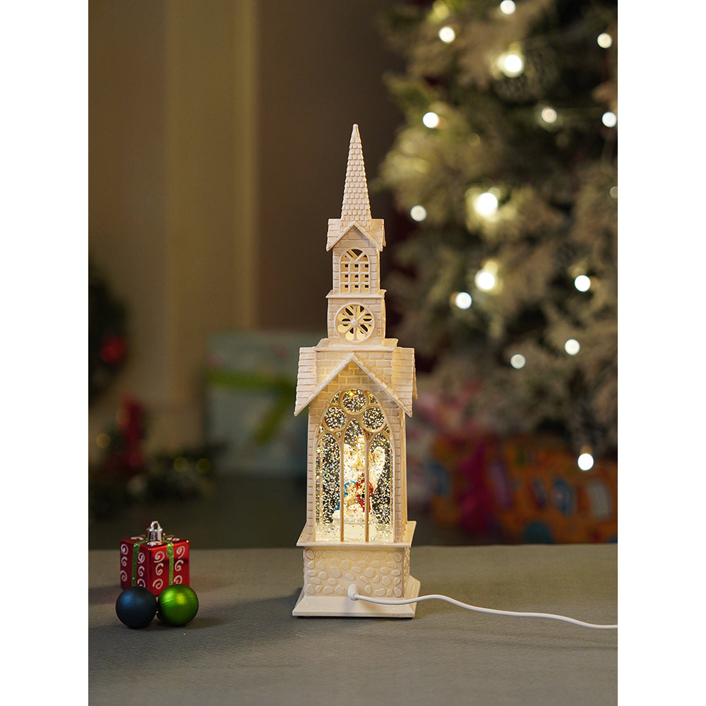 Single Tower Church with Holy Family  Decor with Musical Glitter Water, Rotation &  Light, Christmas Home Décor