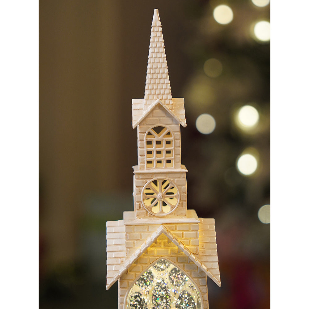 Single Tower Church with Holy Family  Decor with Musical Glitter Water, Rotation &  Light, Christmas Home Décor