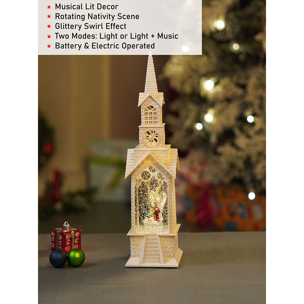 Single Tower Church with Holy Family  Decor with Musical Glitter Water, Rotation &  Light, Christmas Home Décor