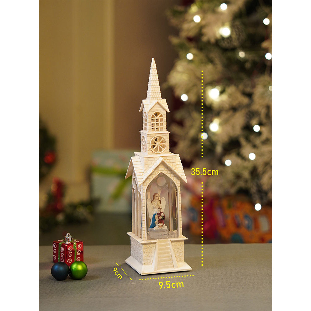 Single Tower Church with Holy Family  Decor with Musical Glitter Water, Rotation &  Light, Christmas Home Décor
