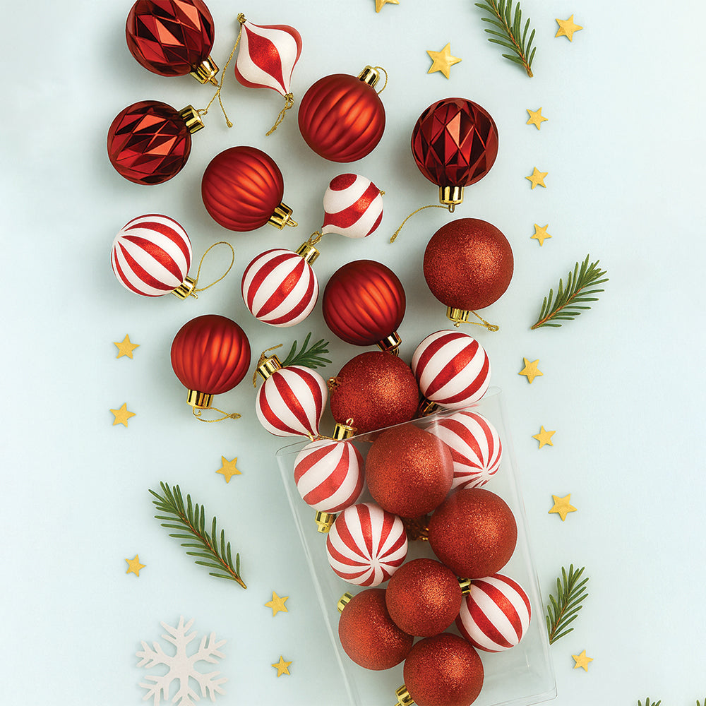 26 pcs Broad Pointed Red White themed Christmas Balls tree hanging, XMAS Decoration set.