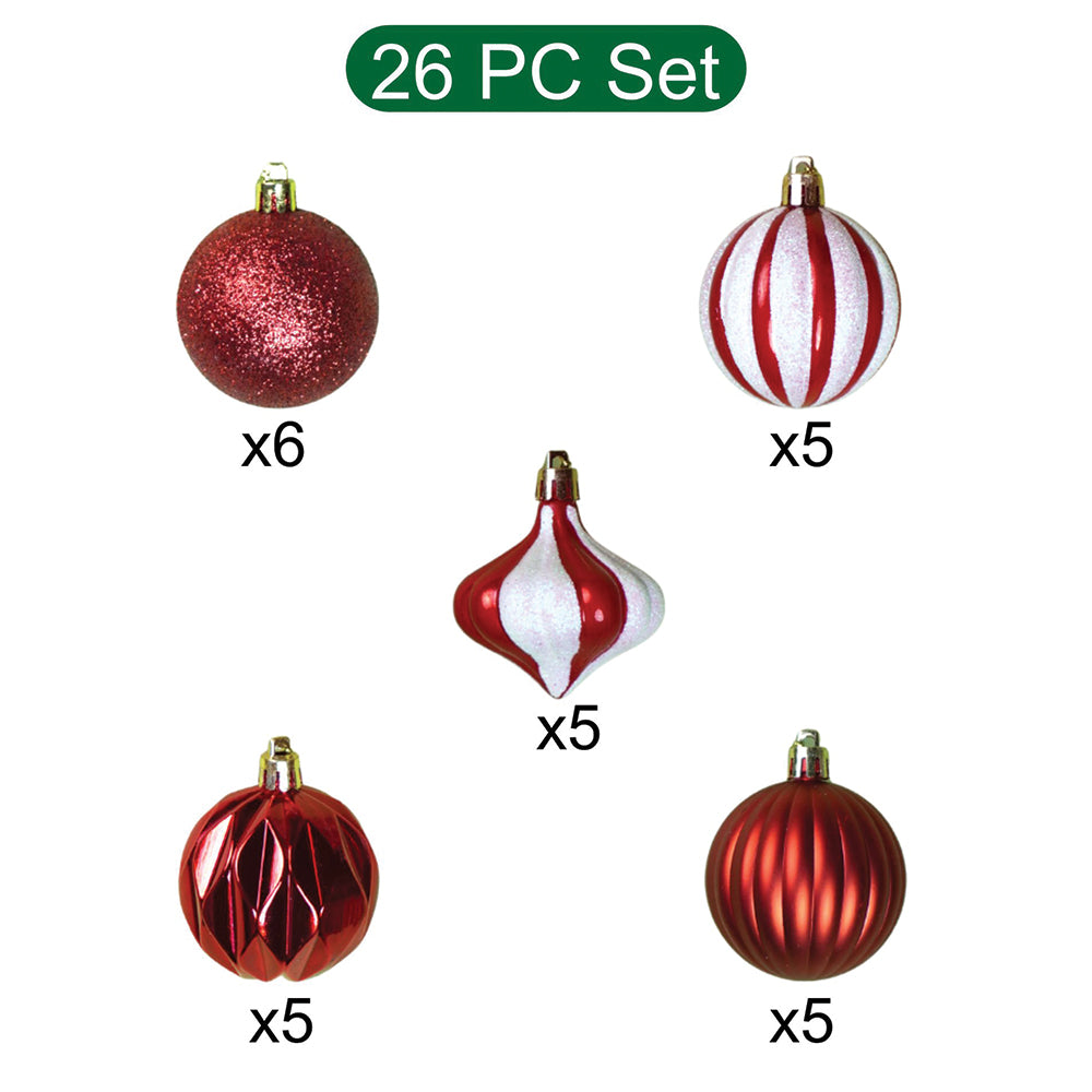 26 pcs Broad Pointed Red White themed Christmas Balls tree hanging, XMAS Decoration set.