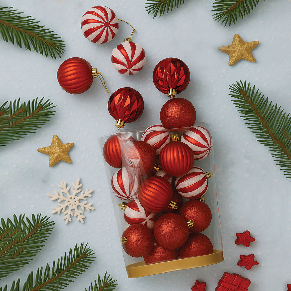 26 pcs Gold Lid Shimmer Red & White themed Christmas Balls tree hanging, XMAS Decoration set.