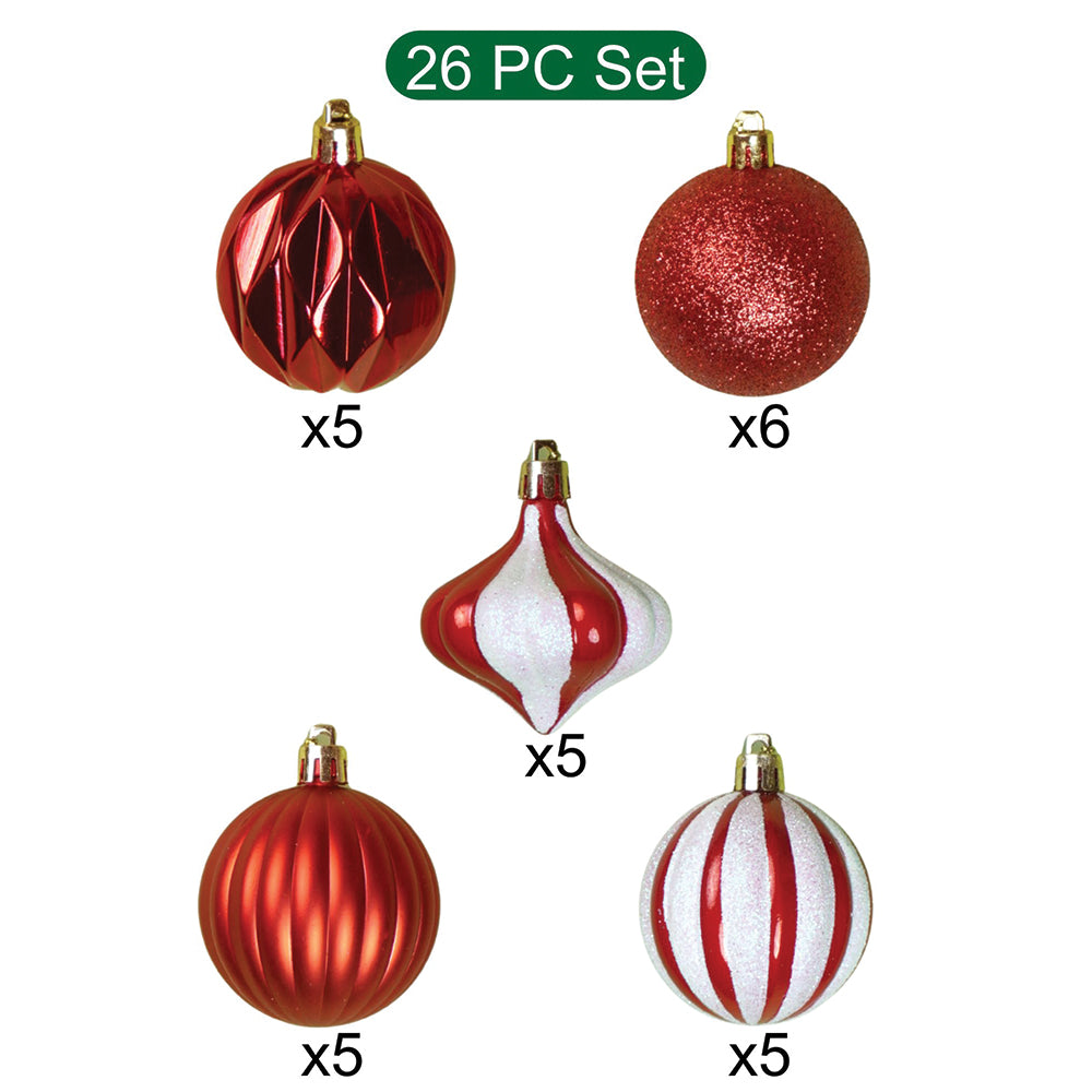 26 pcs Gold Lid Shimmer Red & White themed Christmas Balls tree hanging, XMAS Decoration set.