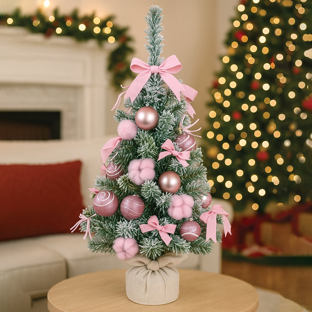 2 feet pastel Pink Swirl Snowy Bushy Christmas Tree filled with balls and ornament Fillers