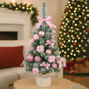 2 feet pastel Pink Swirl Snowy Bushy Christmas Tree filled with balls and ornament Fillers