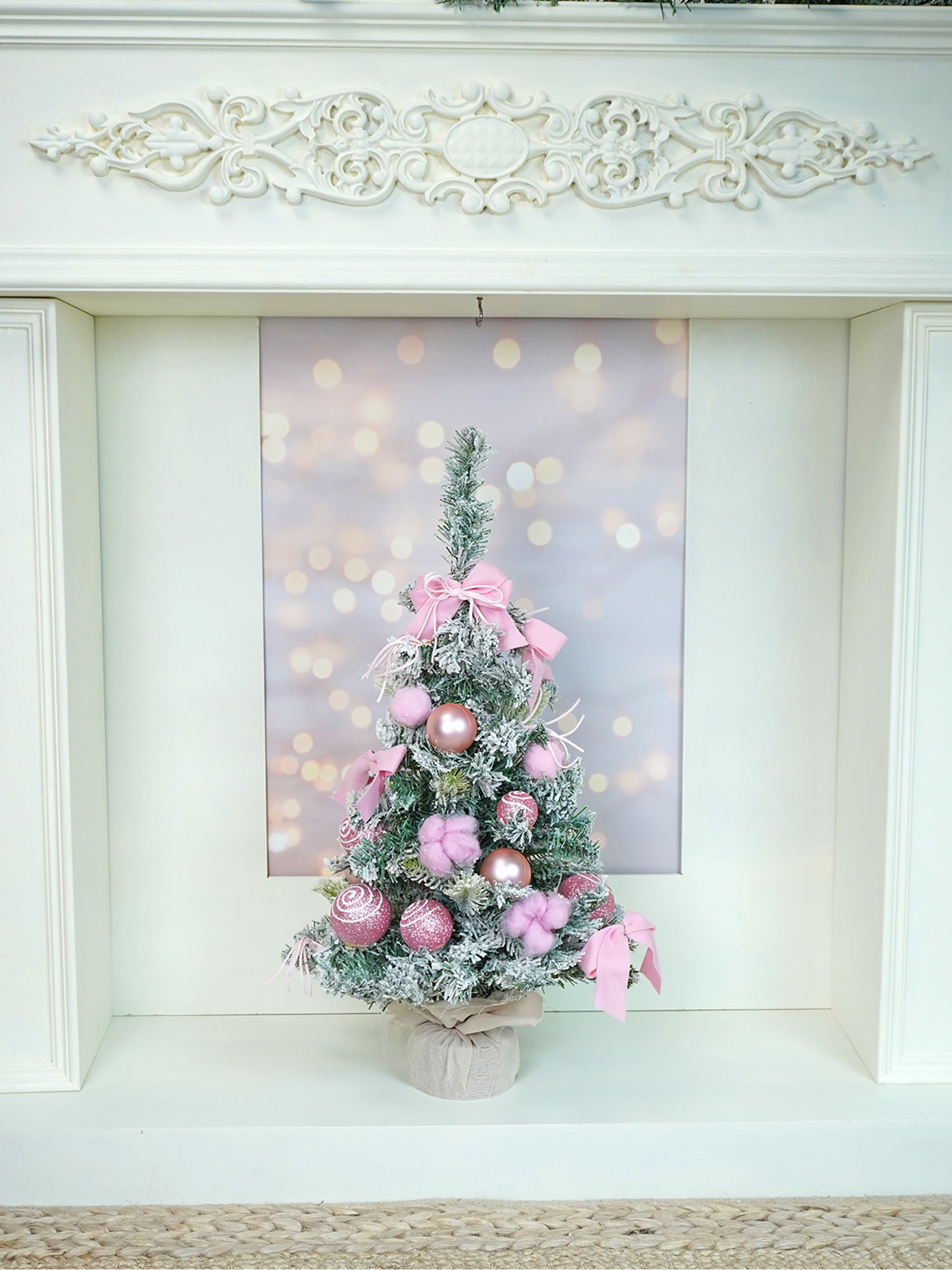 2 feet pastel Pink Swirl Snowy Bushy Christmas Tree filled with balls and ornament Fillers