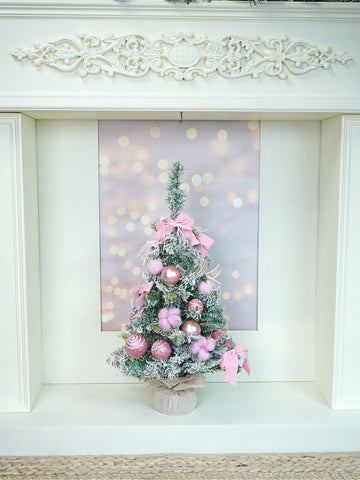 2 feet pastel Pink Swirl Snowy Bushy Christmas Tree filled with balls and ornament Fillers