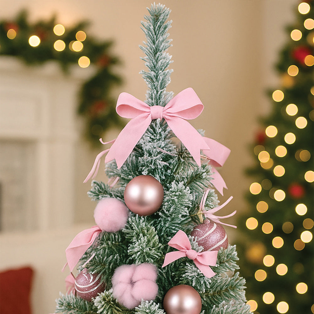 2 feet pastel Pink Swirl Snowy Bushy Christmas Tree filled with balls and ornament Fillers